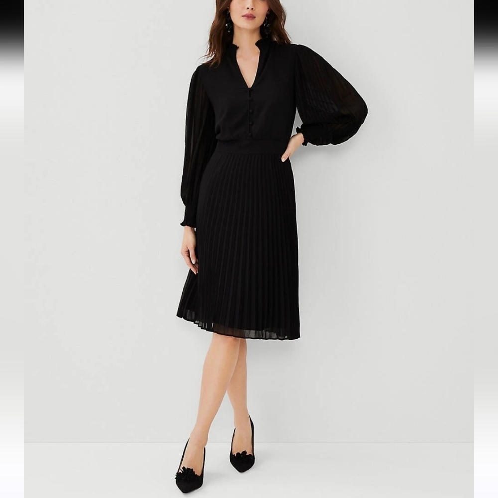 Ann Taylor Black Pleated Midi Dress
